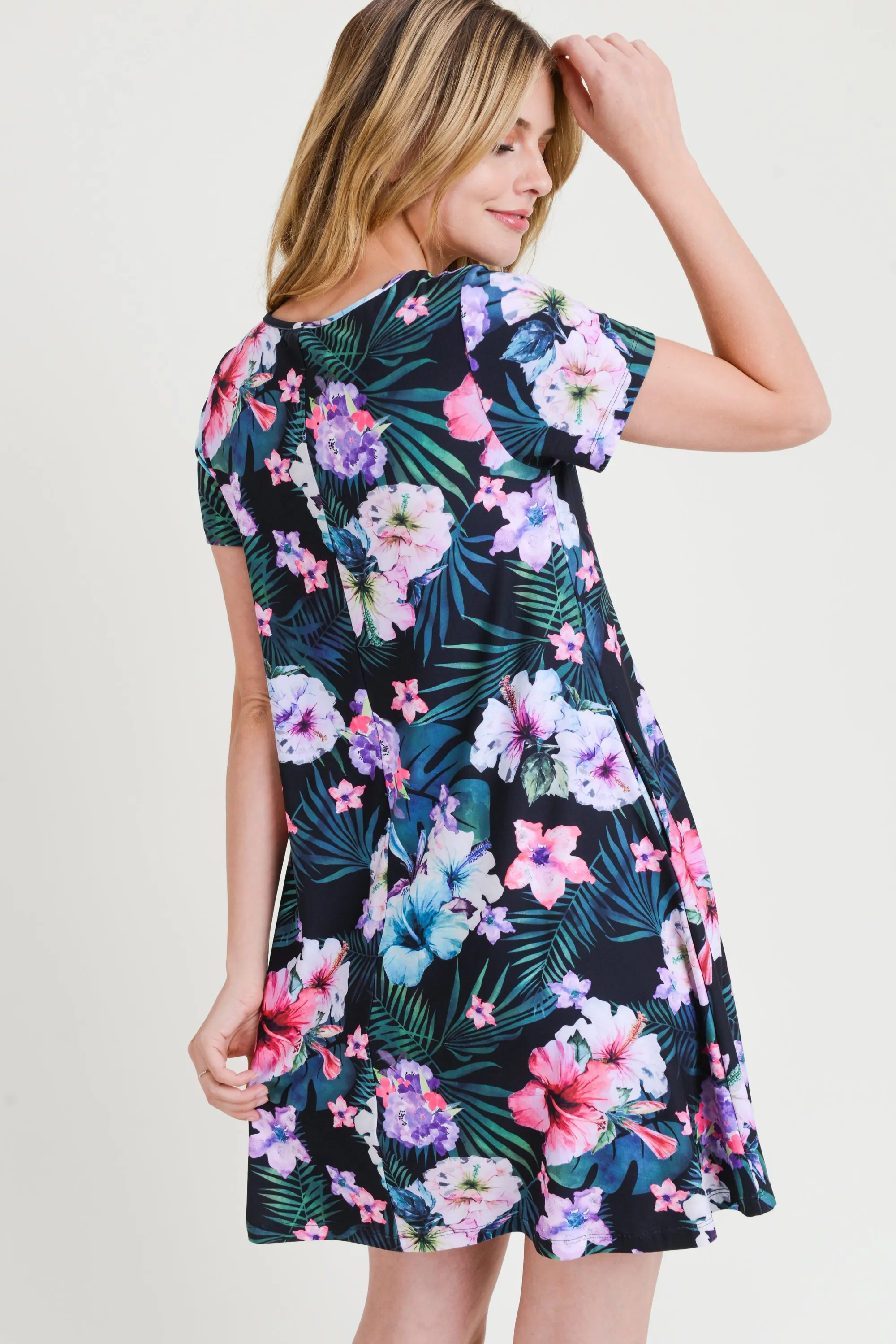 Tropical Floral Short Sleeve Skater Dress