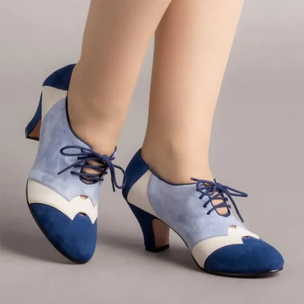 Women's Retro Color Block Lace-up Block Heels 63781502S