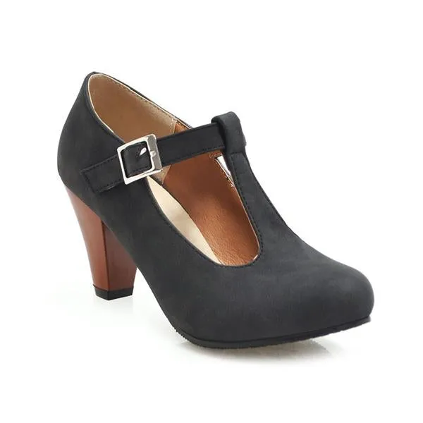 Women's Retro T-Buckle Block Heel Pumps 12365996S