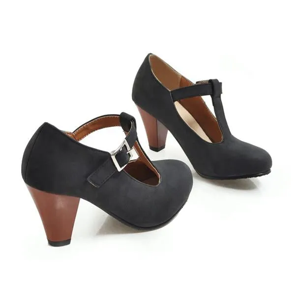 Women's Retro T-Buckle Block Heel Pumps 12365996S