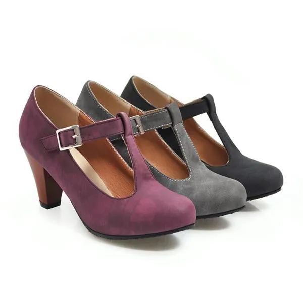 Women's Retro T-Buckle Block Heel Pumps 12365996S