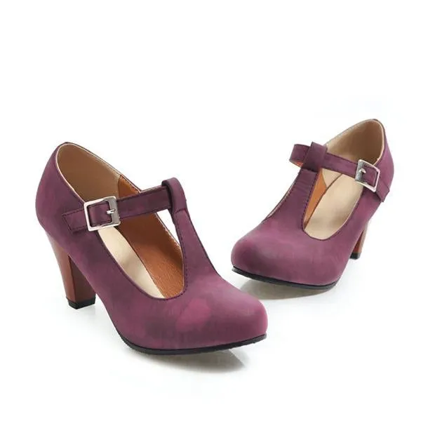 Women's Retro T-Buckle Block Heel Pumps 12365996S