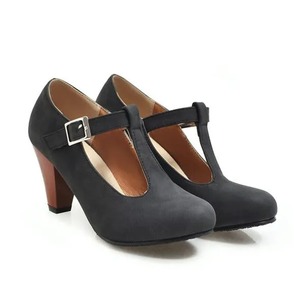 Women's Retro T-Buckle Block Heel Pumps 12365996S