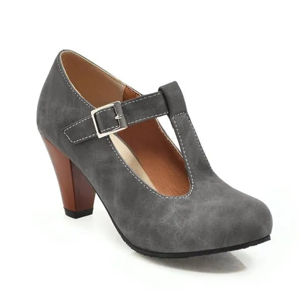 Women's Retro T-Buckle Block Heel Pumps 12365996S