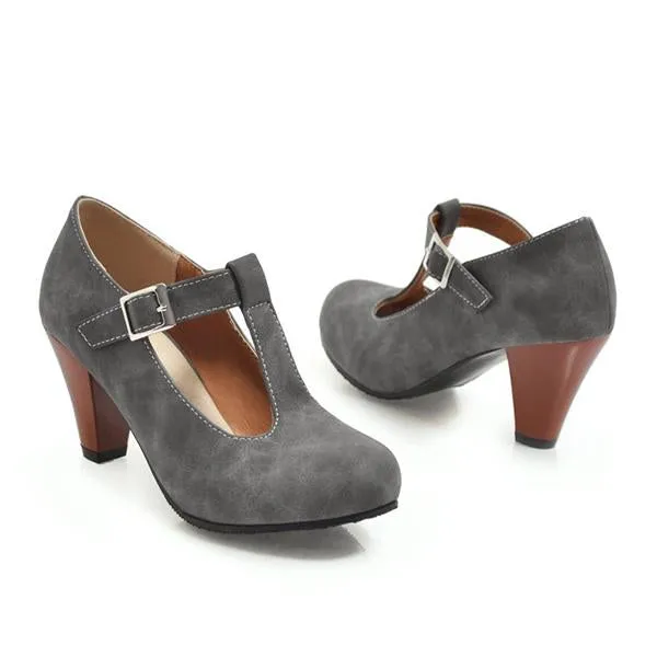 Women's Retro T-Buckle Block Heel Pumps 12365996S