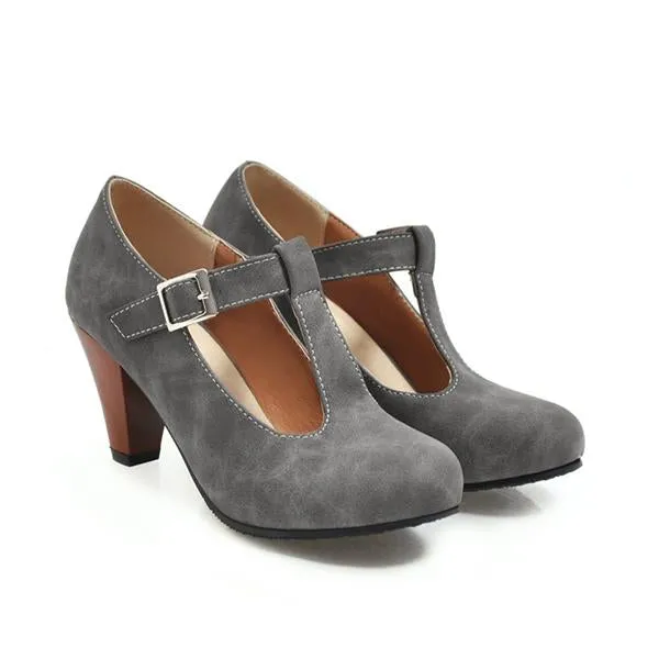 Women's Retro T-Buckle Block Heel Pumps 12365996S