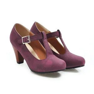 Women's Retro T-Buckle Block Heel Pumps 12365996S