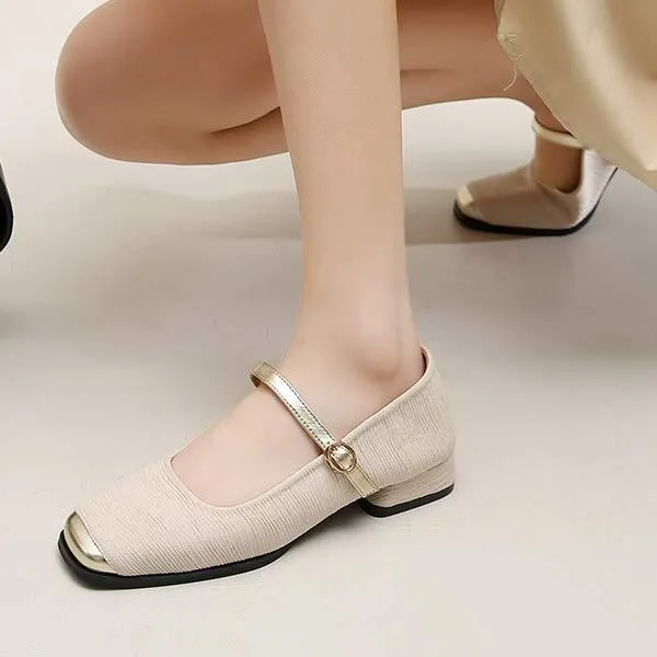 Women's Square-Toe Low-Cut Chunky Heel Vintage Mary Jane Shoes 35149536C
