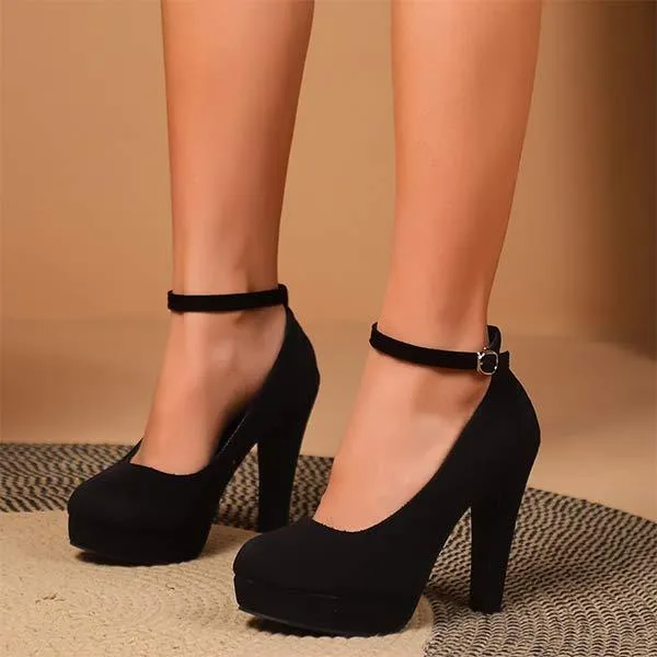 Womens Suede Chunky Heel Sandals with Ankle Strap 55222943C
